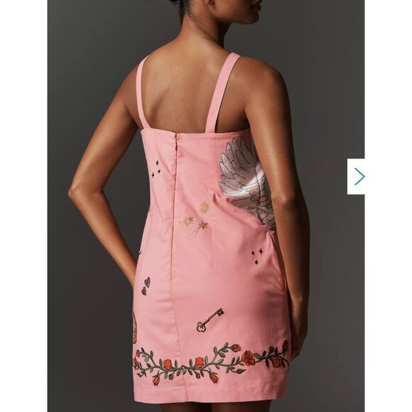 Anthropologie NWT Embroidered Shift Mini Dress Pink Bows Swans Size Large - Picture 2 of 8